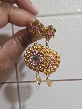 Gold-Tone Pink Crystal Floral Drop Earrings - Unbranded